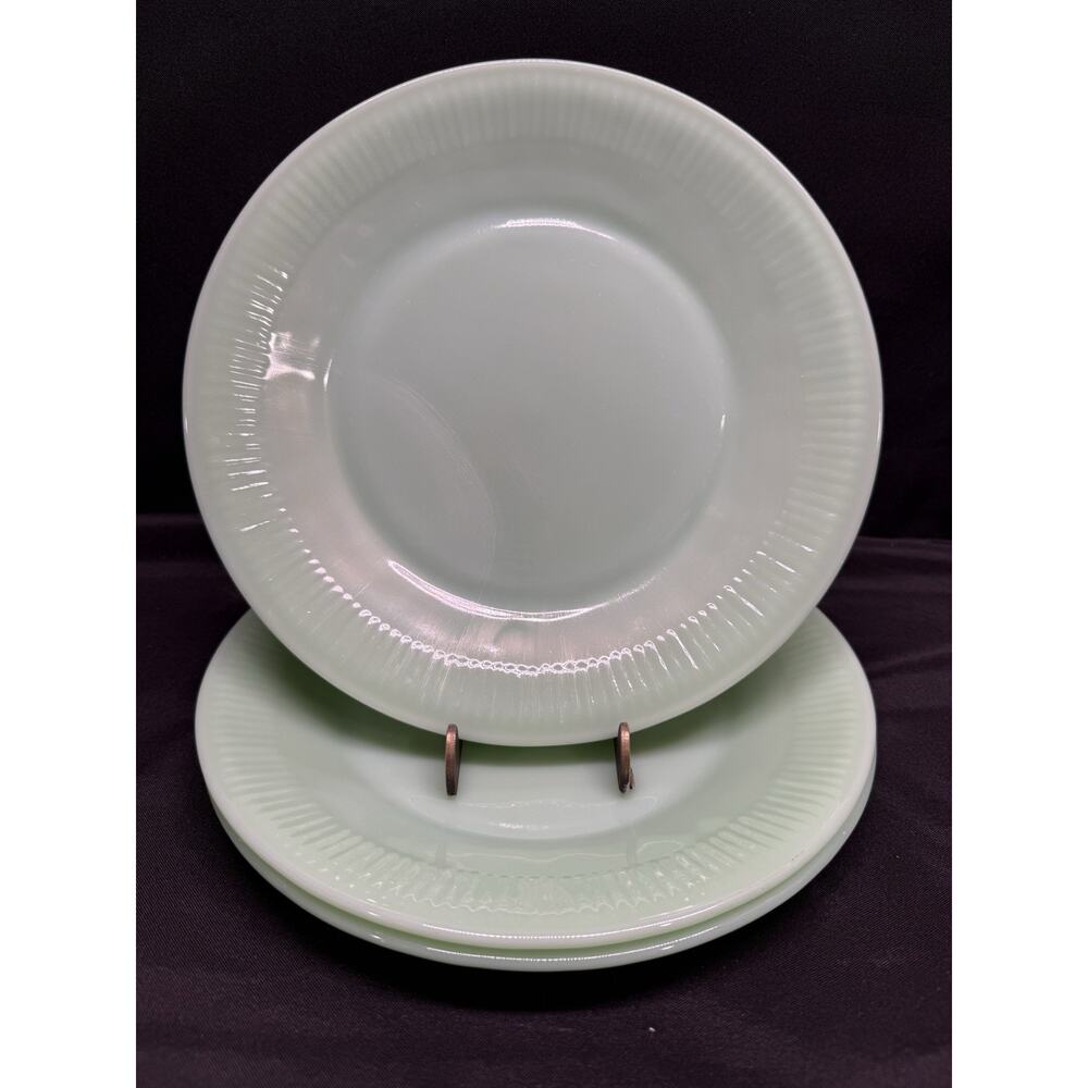 Set of 3 Fire-King Jane Ray lined rim Jadeite Dinner Plates vintage 9 inch green